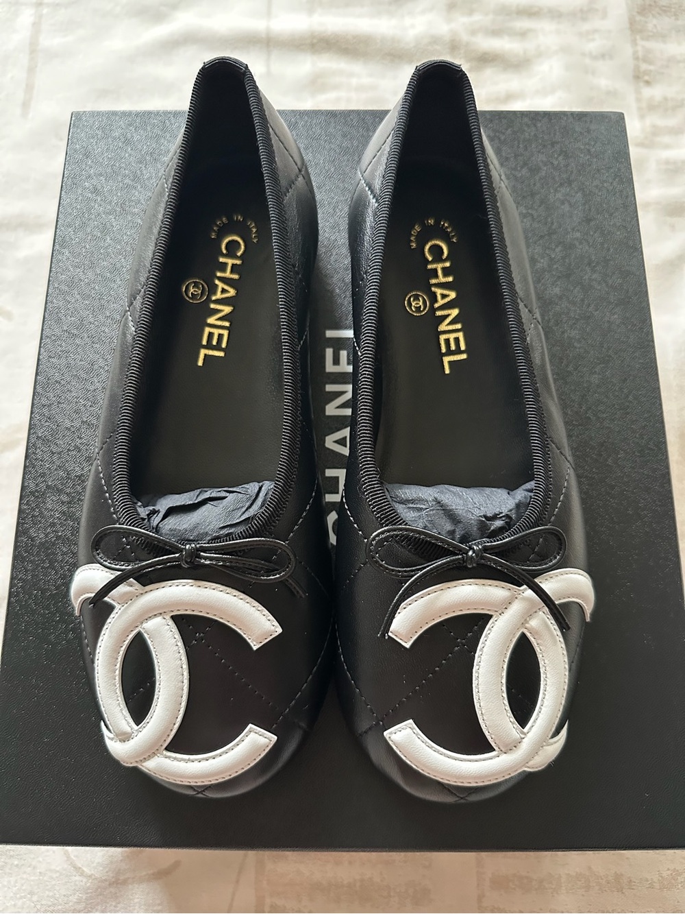 CHANEL 26M Coco Beach Black Cambon Leather Ballet Flats Size 37.5
